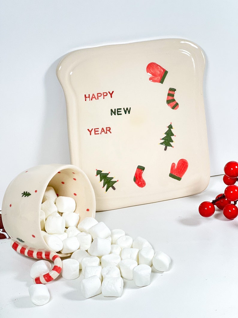 Happy New Year and Cheers Plate Ceramic Plate Christmas Gifts Handmade Pottery Plate image 1