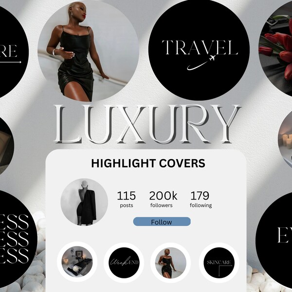 20 LUXE Instagram-verhaalhoogtepunten Covers| Zwarte esthetische Instagram-highlightcovers| Canva IG Markeer pictogrammen| Luxe social media covers