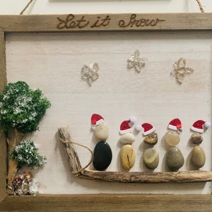 RUSTIC WOOD Hanging plaque with decorative personalized pebble art, burn phrase, drift wood! Christmas, gift, Santa hat, Snowflakes, Unique!