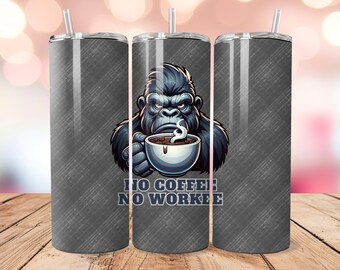 Grumpy Gorilla 20oz Tumbler Wrap PNG – No Coffee, No Workee (digitale download)