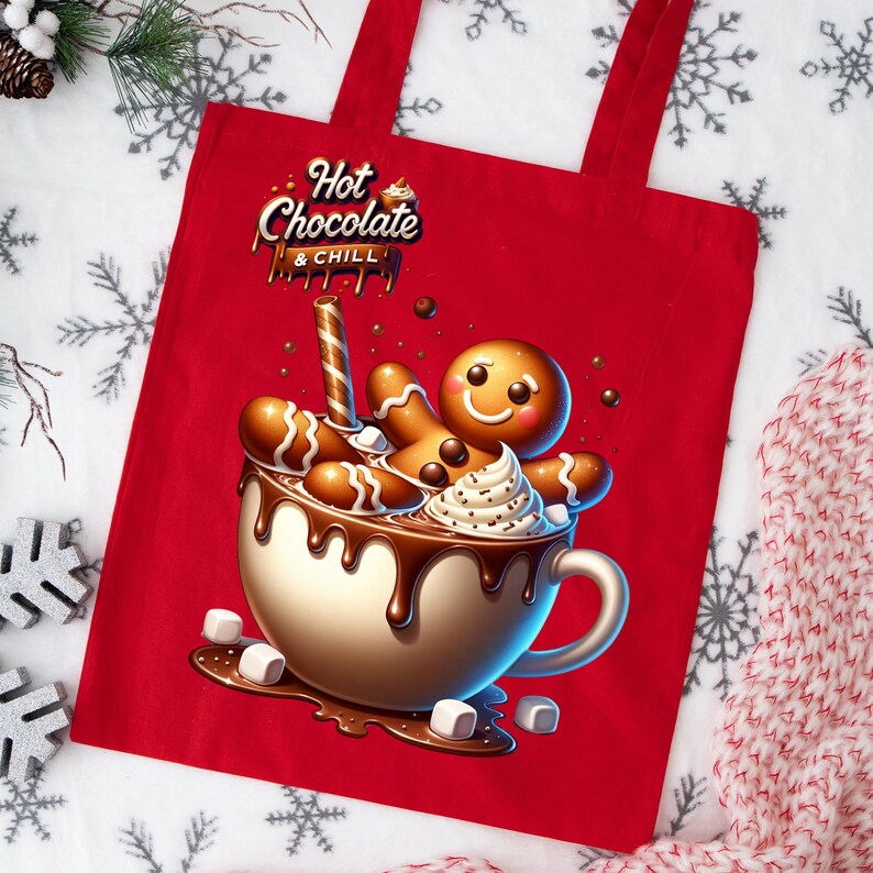 May include: Red tote bag with a gingerbread man in a mug of hot chocolate. The text on the bag reads "Hot Chocolate & Chill".