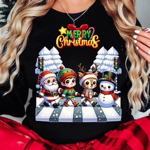 Feliz Natal Santa's Crossing PNG - Design Digital de Natal de Elfo Bonito para Camisetas, Canecas, Cartões, Decoração de Natal - Download de Boneco de Neve Festivo