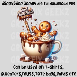 May include: A gingerbread man is submerged in a mug of hot chocolate with whipped cream and marshmallows. The mug has a brown handle and is dripping with chocolate. The text "Hot Chocolate & Chill" is above the mug.
