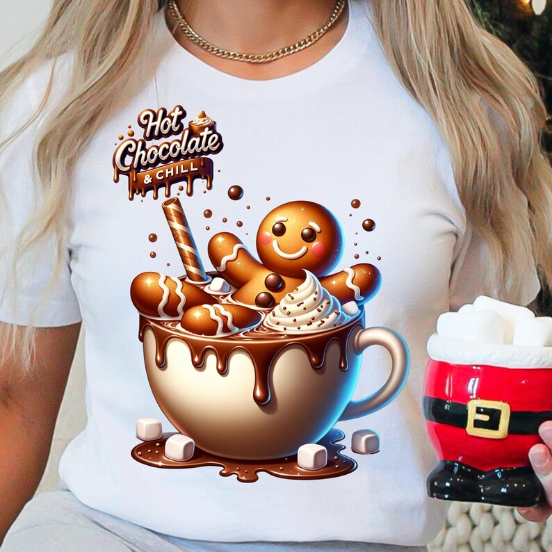 May include: White t-shirt with a graphic of a gingerbread man in a mug of hot chocolate with whipped cream and marshmallows. The text "Hot Chocolate & Chill" is above the mug.