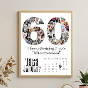 Custom 60th Number Photo Collage, with years 1963 calendar, 1963 birthday poster, 60th Anniversary Gift Custom ,Printable Gift 1963 Collage