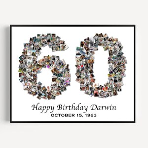 Collage de fotos con números para el 60.° cumpleaños personalizado, decoración para fiestas de cumpleaños, collage para el 60.° cumpleaños, regalo de cumpleaños para mujeres, regalo de cumpleaños para hombres