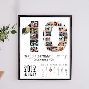 Personalized 10th Birthday Calendar Number Photo Collage, 10th Birthday Gift, 10th Anniversary Gift Custom - Gift For Couples , PRINTABLE