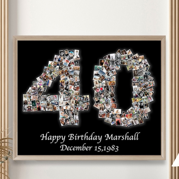 Printable 40th Birthday Photo Collage, Custom Number Photo Collage 40th Birthday Gift,  40th Anniversary Gift, Birthday Party Decor