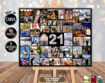 Editable 21st Birthday Photo Collage Template , Celebrate Life, Photo Montage Board, Easel Collage Poster, Canva 46 Custom Photo - PC0343