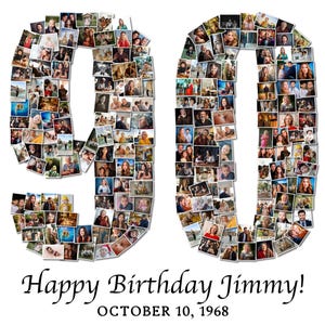 90th Birthday Number Photo Collage - Gift For Grandparents, Personalized Custom Birthday Gift - Digital Print
