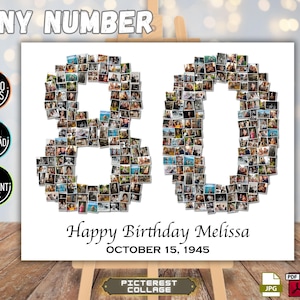 Printable 80th Birthday Photo Collage Poster - Digital Download - Custom Photo Montage Gift - Milestone Birthday Decoration