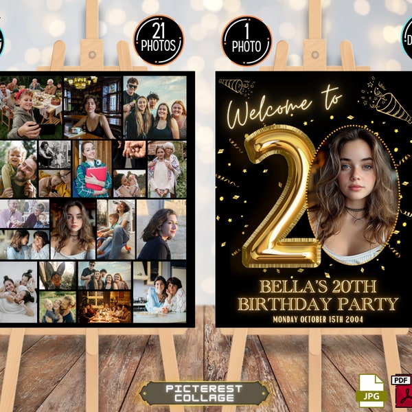 Welcome to 20 Birthday Number Photo Collage Poster TEMPLATE, Photo Montage Board, 20th birthday Poster Template Bundle - PC0242