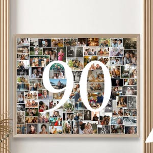 Collage de fotos personalizado para el 90.º cumpleaños, collage personalizado para el 90.º cumpleaños con tus hitos, (todos los números), regalo de collage de números de aniversario