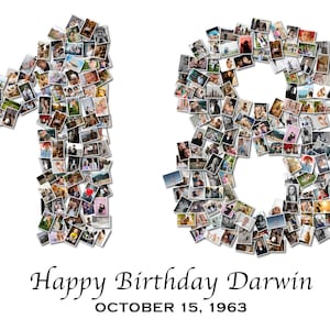 Collage de fotos de cumpleaños número 18, collage de imágenes con números, regalo de aniversario número 18 personalizado, regalo de cumpleaños número 18, idea de decoración de fiesta, IMPRIMIBLE