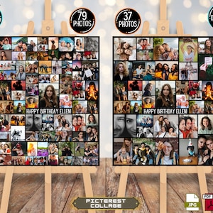 Conjunto de collage de fotos de cumpleaños editables: tablero de montaje fotográfico, celebración de la vida, póster conmemorativo de caballete, plantilla Canva - Paquete de collage PC0174