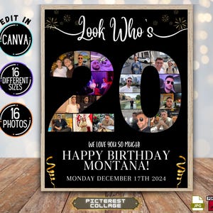 Affiche modifiable pour fêter ses 20 ans avec collage photo personnalisé - Cadeau d'anniversaire important pour lui ou elle, carte mémoire personnalisée PC0351