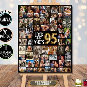 Modello di collage fotografico modificabile per il 95° compleanno, Celebra la vita, Pannello di montaggio fotografico, Poster collage su cavalletto, Canva 70 Foto personalizzate - PC0323