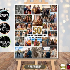 50. Geburtstag bearbeitbare Fotocollage-Vorlage, Feiern das Leben, Staffelei-Denkmalposter, Fotomontage-Board, 50.Zahl-Fotocollage PC0434