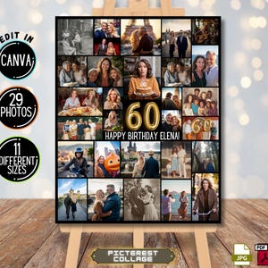 Placa de colagem de fotos editável para 60º aniversário - Modelo de colagem de fotos personalizado, Painel de montagem festivo, Presente de 60º aniversário - PC0452