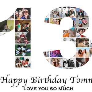 13歳の誕生日の写真コラージュ、数字の写真コラージュ、13歳の誕生日プレゼント、13歳の記念日のプレゼントカスタム - 写真の数字のコラージュギフト、印刷可能