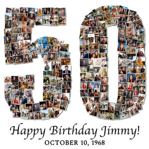 Collage de fotos personalizado para tu 50.º cumpleaños: collage de números personalizado con tus fotos, decoración imprimible para tu 50.º cumpleaños, regalo personalizado para un hito.