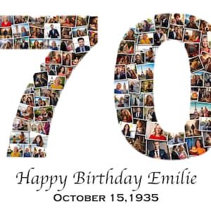 Collage personalizado para el 70.° cumpleaños / Hecho a medida a partir de tus fotografías / Collage de fotos con números / Idea de decoración para fiesta de regalo para el 70.° cumpleaños / IMPRIMIBLE