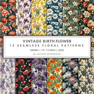 Sömlösa mönster med vintageblommor för födelsemånad - direkt nedladdning. Alla 12 vintageblommönster ingår.