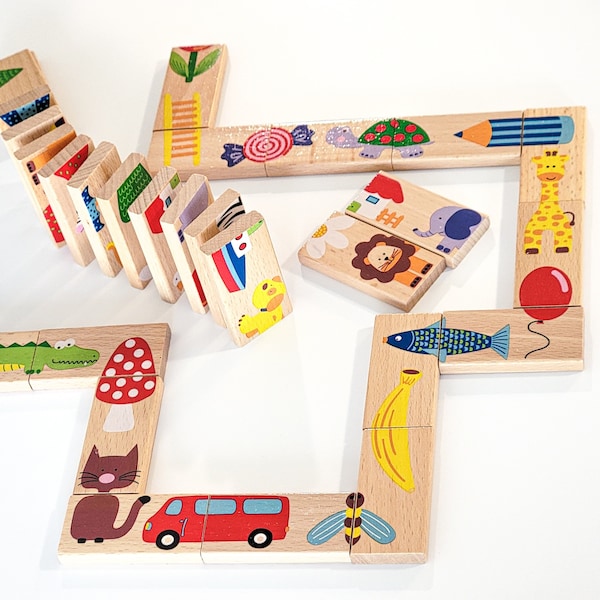 Custom kids gift - Wooden Domino Puzzle - Brain Development Toddler Toys - Boy Girl gift, Toddler Gift 2 3 4 5 years old, kids toys gift