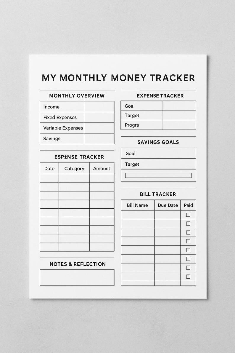 Może przedstawiać: Czarno-biały, drukowany miesięczny tracker pieniędzy. Dokument zawiera sekcje dotyczące przeglądu miesięcznego, trackera wydatk&oacute;w, cel&oacute;w oszczędnościowych, trackera wydatk&oacute;w, trackera rachunk&oacute;w i notatek. Tytuł "MY MONTHLY MONEY TRACKER" znajduje się na g&oacute;rze.