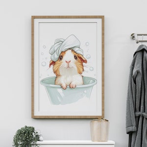 Impresión de toalla de conejillo de indias en la cabeza, arte de pared para baño imprimible, decoración de habitación de niños de dibujos animados, regalo para amantes de las mascotas