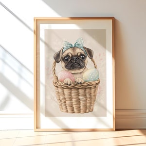 Carte postale de Pâques imprimée carlin Cadeau pour amoureux des chiens Art mural esthétique neutre