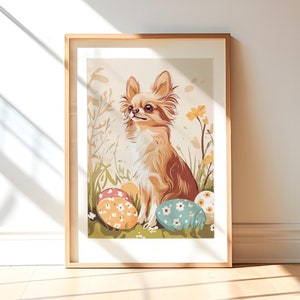 Impression chihuahua cheveux longs, carte postale de Pâques, décoration d'art mural pour chambre d'enfant