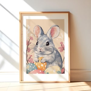 Impression de Pâques en chinchilla, décoration printanière pour chambre d'enfant, cadeau pour amoureux des animaux de compagnie