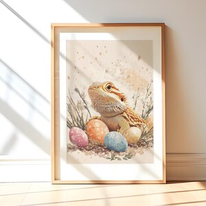 Regalo drago barbuto, stampa danese con decorazioni pastello, cartolina di Pasqua