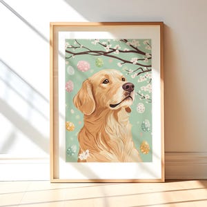Stampa di Golden retriever, cartolina di Pasqua, decorazione murale danese in colori pastello