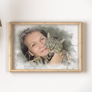 Custom cat and owner portrait from photo Pet remembrance gift Memorial painting