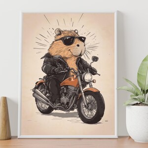 Capibara-wipstoeltje op motor print Cartoon muurkunst Slaapzaaldecor voor studente Cadeau huisdierliefhebber