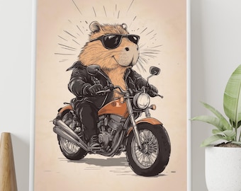 Impresión de un capibara rockero en una motocicleta. Arte de pared de dibujos animados. Decoración de dormitorio para chicas universitarias. Regalo para amantes de las mascotas.