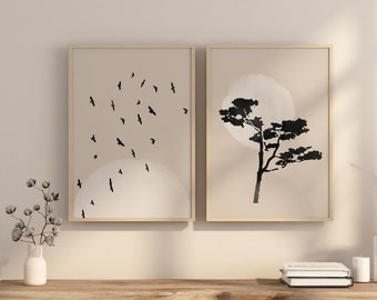 Japandi wall art Wabi sabi print set of 2 Two piece wall art Japanese nature printable Neutral colors