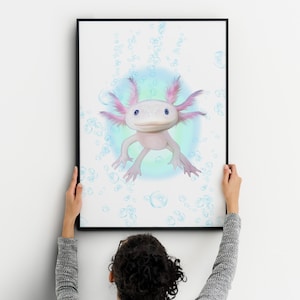 Leuke axolotl print 11 &quot;x 14&quot; handgemaakte poster Zeedieren kunst aan de muur Zeedieren poster ingelijst