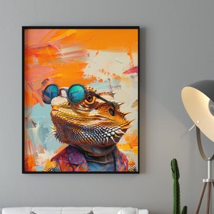 Hipster Bearded dragon print Dopamine wall art decor Reptile animal poster Vibrant colors