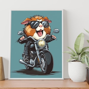 Funny guinea pig biker Cartoon wall art print Kids room decor Pet lover gift