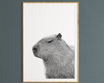 Impresión de capibara de 11" x 14" Póster en blanco y negro Imagen hecha a mano de primera calidad Arte mural de animales exóticos Sin marco