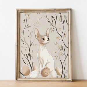 Stampa di gatto Sphynx Cartolina di Pasqua Decorazione artistica da parete con estetica neutra