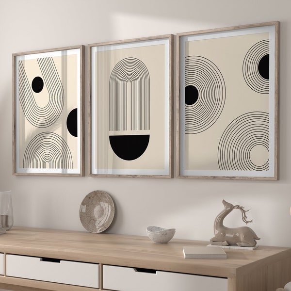 Mid century modern three piece wall art Neutral beige geometric painting set of 3 Mcm wall art printable