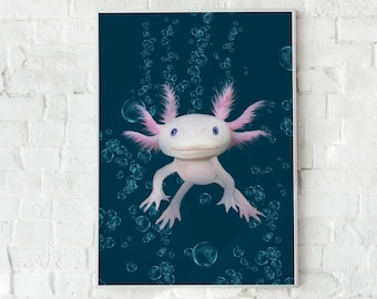 Cute axolotl print Marine creatures wall art printable Sea animals poster Dark teal background