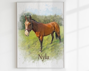 Horse memorial gift Custom pet portrait from photo Remembrance watercolor painting with halo