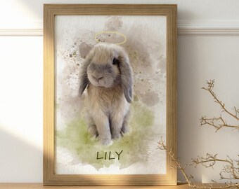 Rabbit memorial painting from photo Holland lop bunny gift Custom pet portrait with halo