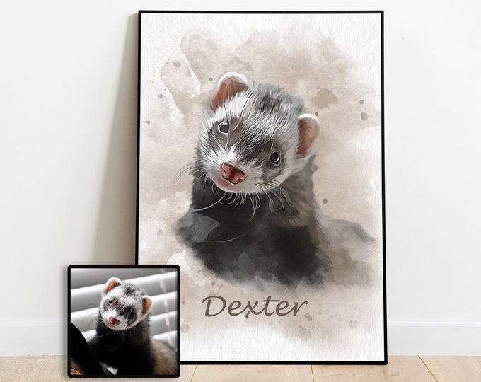 Ferret memorial portrait from photo Custom pet remembrance gift Watercolor sympathy poster