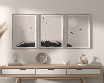 Japandi wall art print set of 3 Triptych wall art Mountain line art print Over the couch art